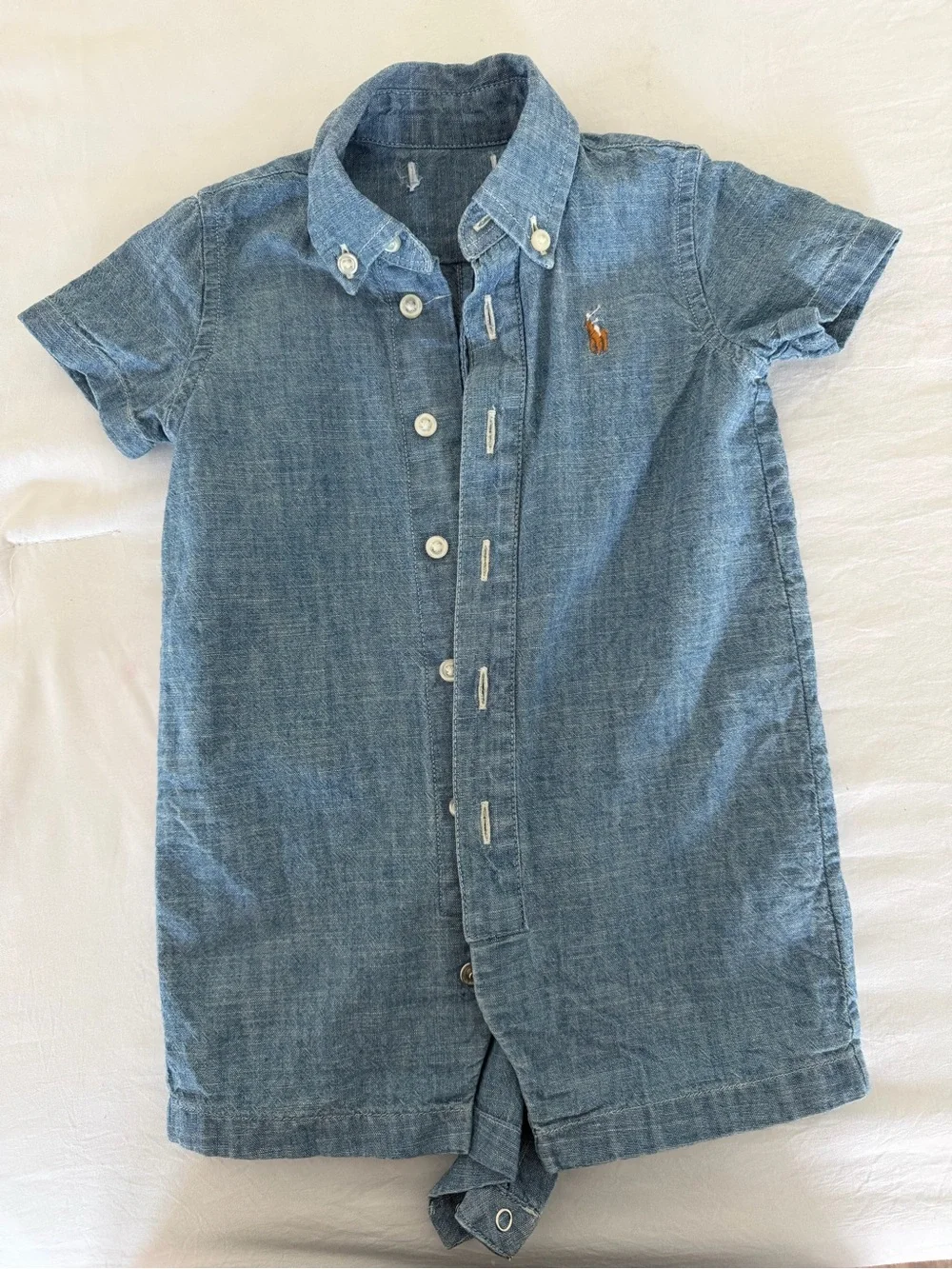 Ralph Lauren 6m Light Blue Denim Button‑Front Short‑Sleeve Romper